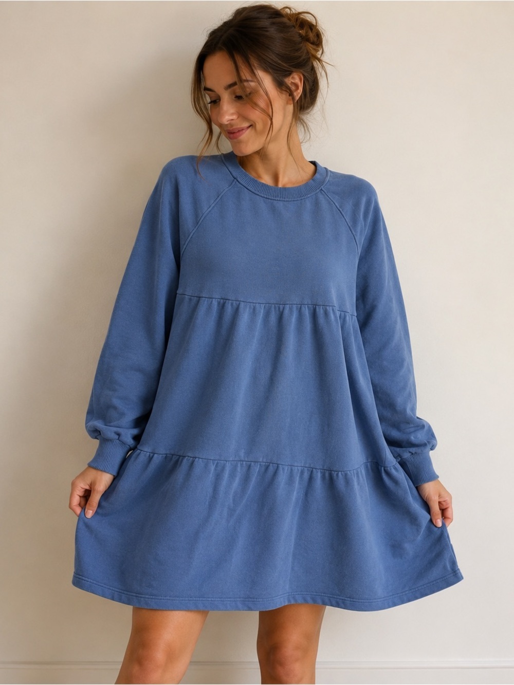 aerie Dusty Blue Tiered Long Sleeve Sweatshirt Dress
